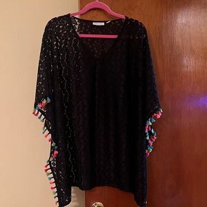 Susan Graver Poncho Black beach coverup/tassel